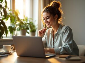 Mulher empreendedora analisando planilha financeira no computador com satisfação e organização de contas pessoais
