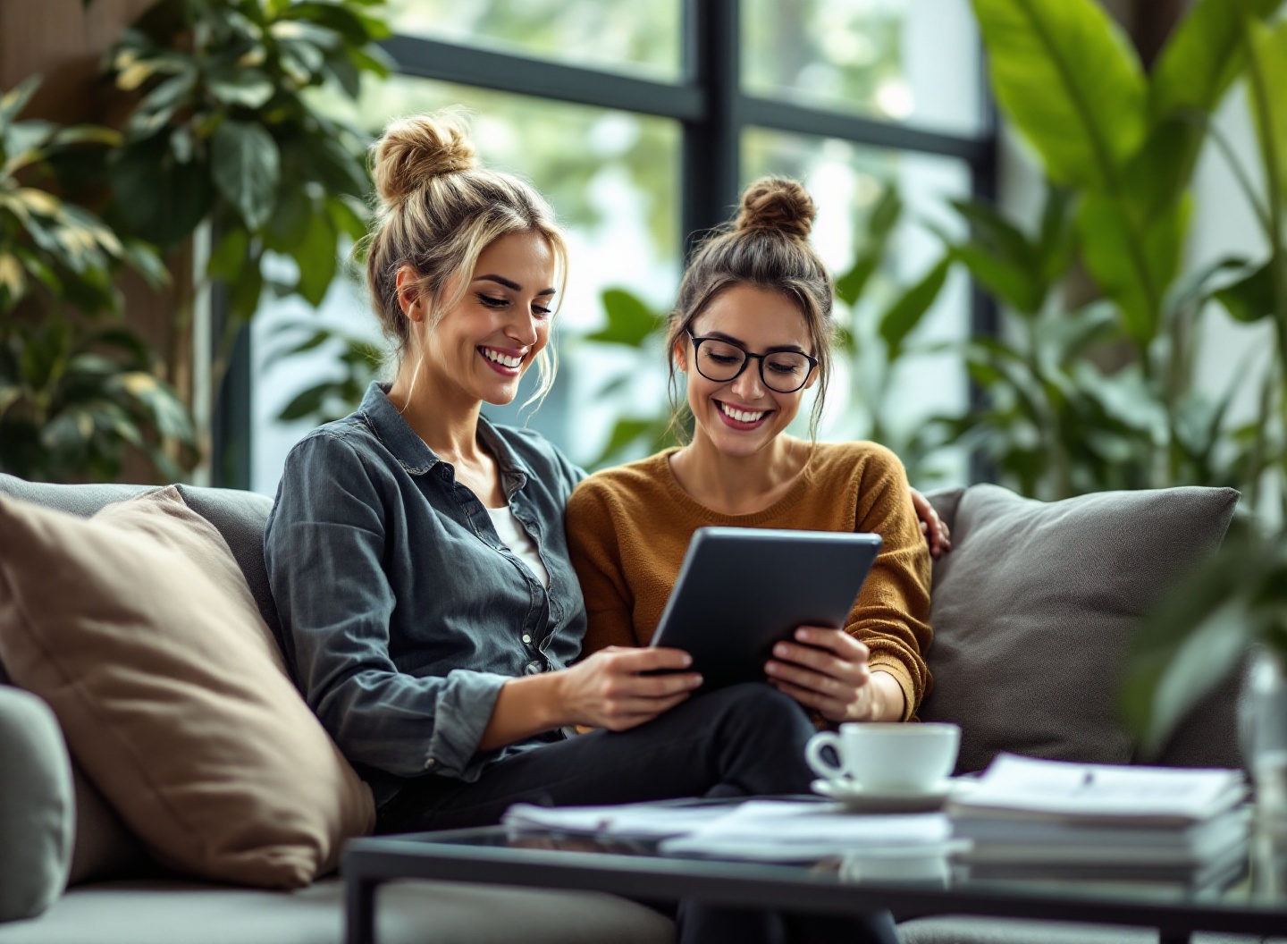 Empreendedora analisando gráficos de capital de giro no tablet em escritório moderno