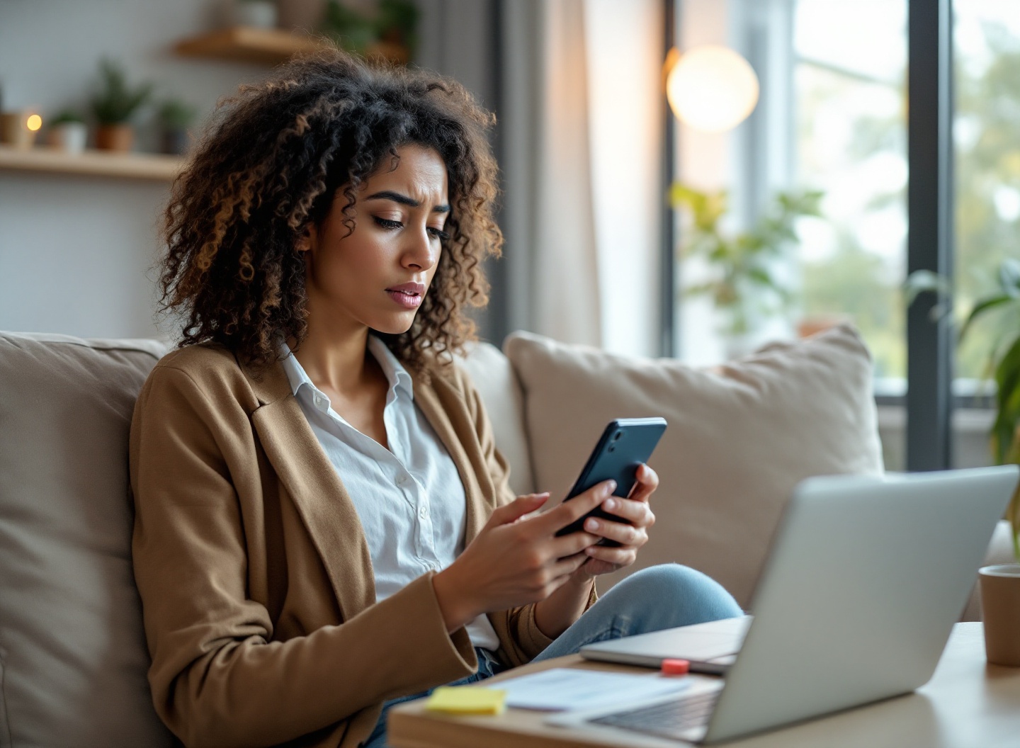 Mulher organizando finanças pessoais com smartphone e planilha, mostrando desafio de controle financeiro