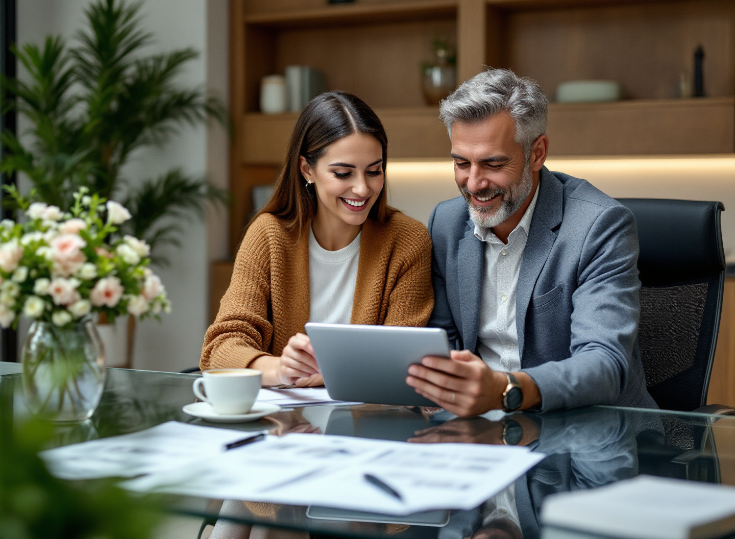 Casal de empreendedores analisando receita líquida e dados financeiros em tablet durante reunião de gestão