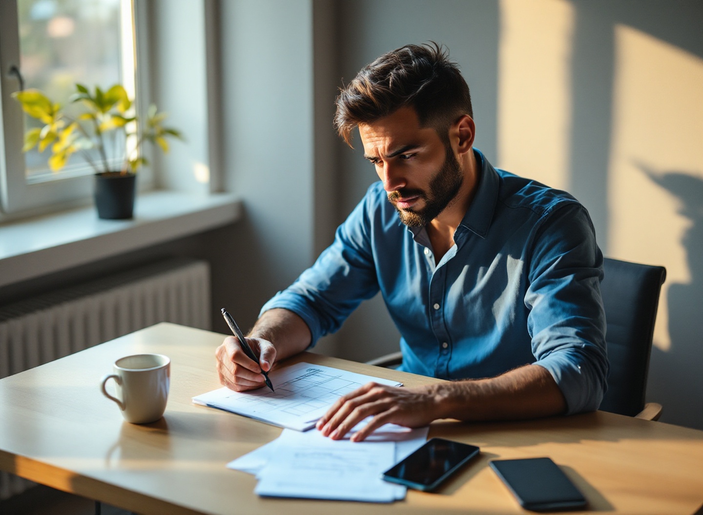 Pequeno empresário analisando planilha financeira em escritório com expressão de preocupação, representando a dificuldade de controlar faturamento e lucro