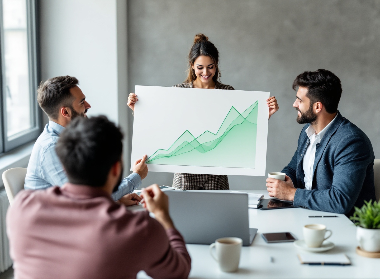 Equipe de gestão financeira analisando gráfico de fluxo de caixa positivo em reunião de negócios, ilustrando sucesso na implementação de controle financeiro