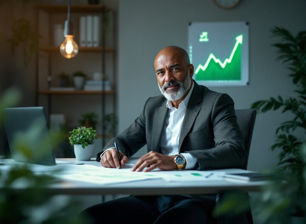 Empreendedor analisando planilha de fluxo de caixa com gráfico de lucro crescente, representando sucesso na gestão financeira e diferença entre faturamento e lucro