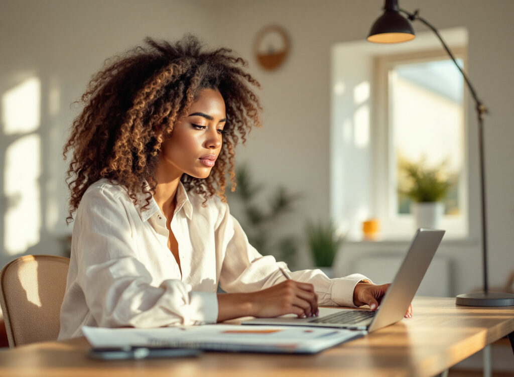 Empreendedora analisando relatório financeiro e margem operacional da empresa