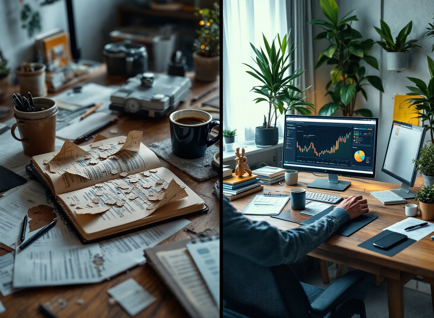 Comparação antes e depois: workspace caótico com planilhas versus ambiente organizado com sistema automatizado