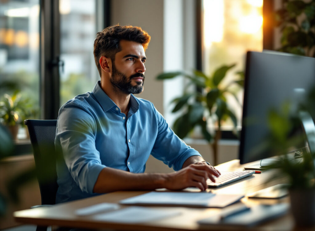 Empreendedor analisando demonstrativos financeiros e fluxo de caixa no computador