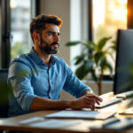 Empreendedor analisando demonstrativos financeiros e fluxo de caixa no computador