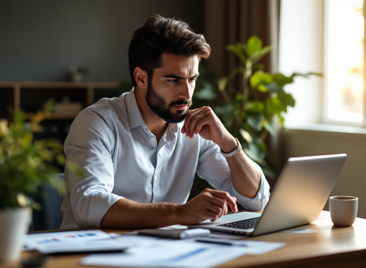 Empresário analisando métricas financeiras e indicadores de crescimento empresarial para decisão de investimento