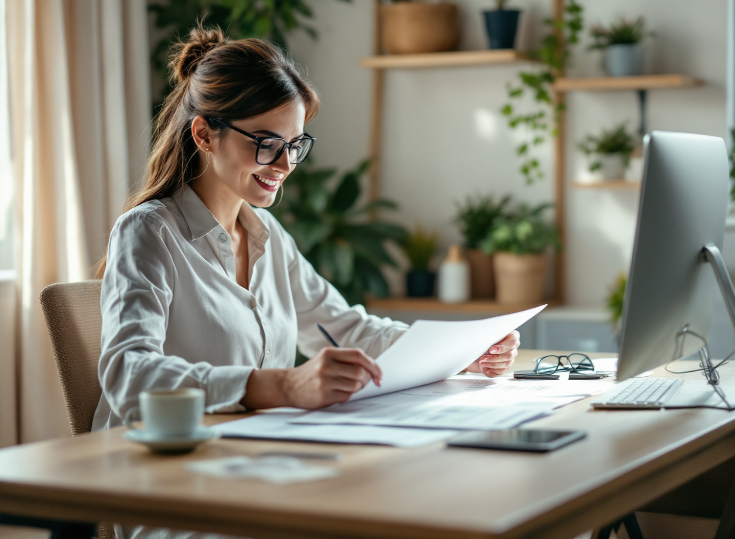 Empresária analisando checklist de capital de giro e controle financeiro em seu escritório