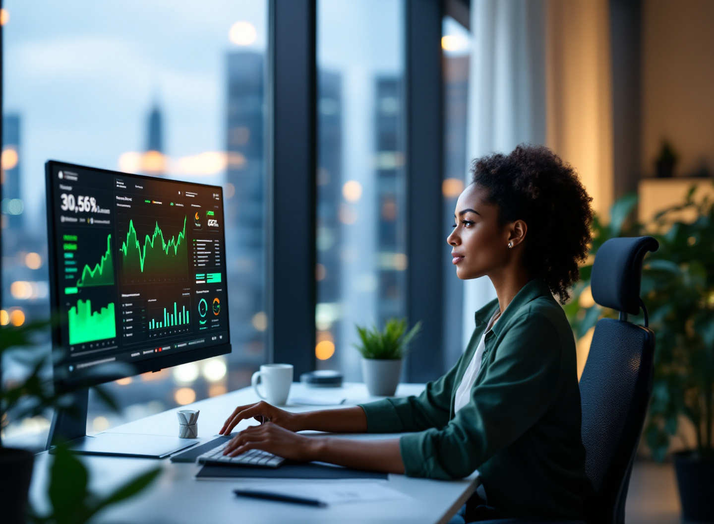Gestora financeira analisando fluxo de caixa positivo e planejamento financeiro empresarial para decisão de investimento