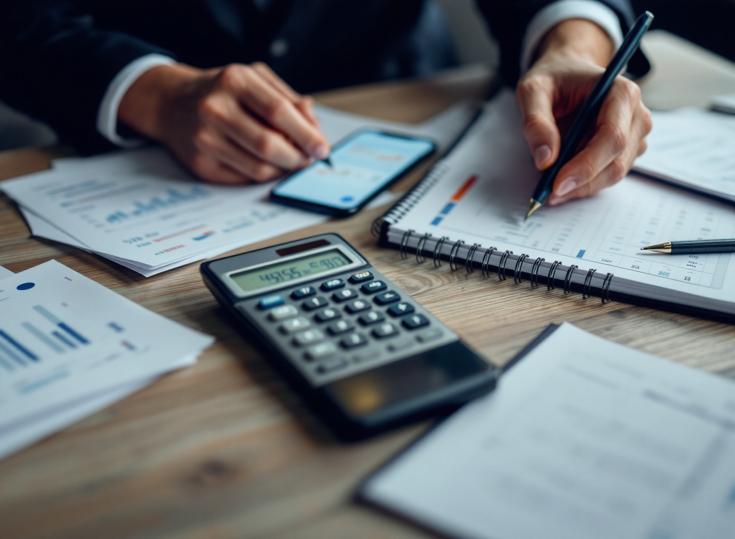 Detalhe de documentos de planejamento financeiro e controle de capital de giro em mesa de trabalho