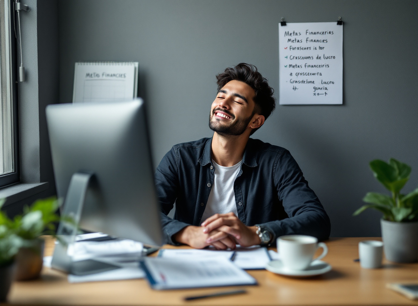 Jovem empreendedor analisando resultado do exercício e balanço da empresa no computador, mostrando crescimento financeiro