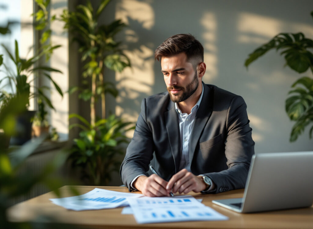 empresário analisando controle de contas a pagar em escritório profissional com documentos e computador