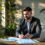 empresário analisando controle de contas a pagar em escritório profissional com documentos e computador