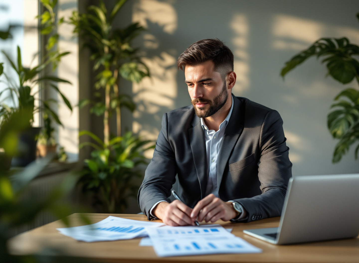 empresário analisando controle de contas a pagar em escritório profissional com documentos e computador