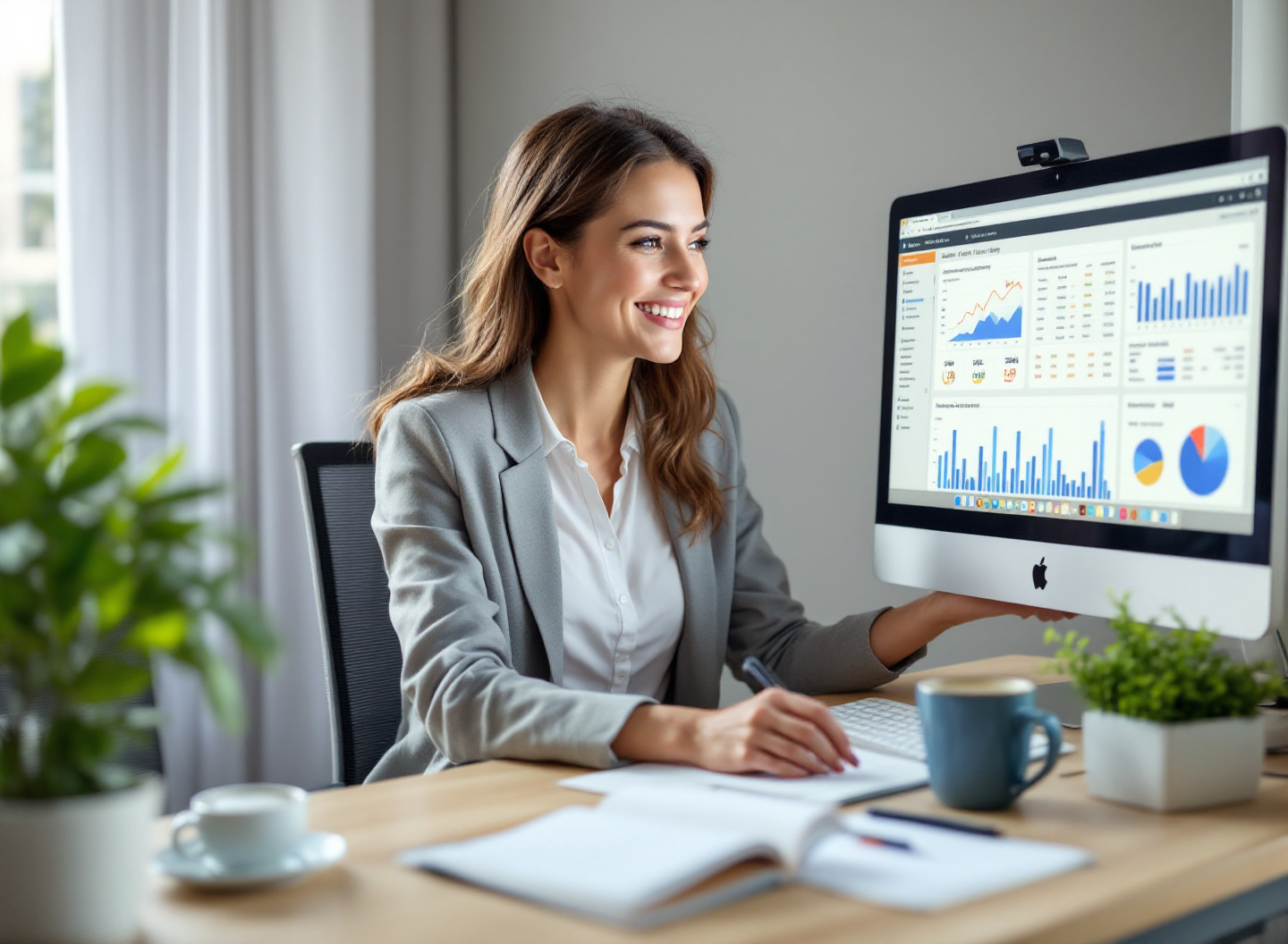 mulher profissional analisando sistema de contas a pagar em computador desktop no escritório