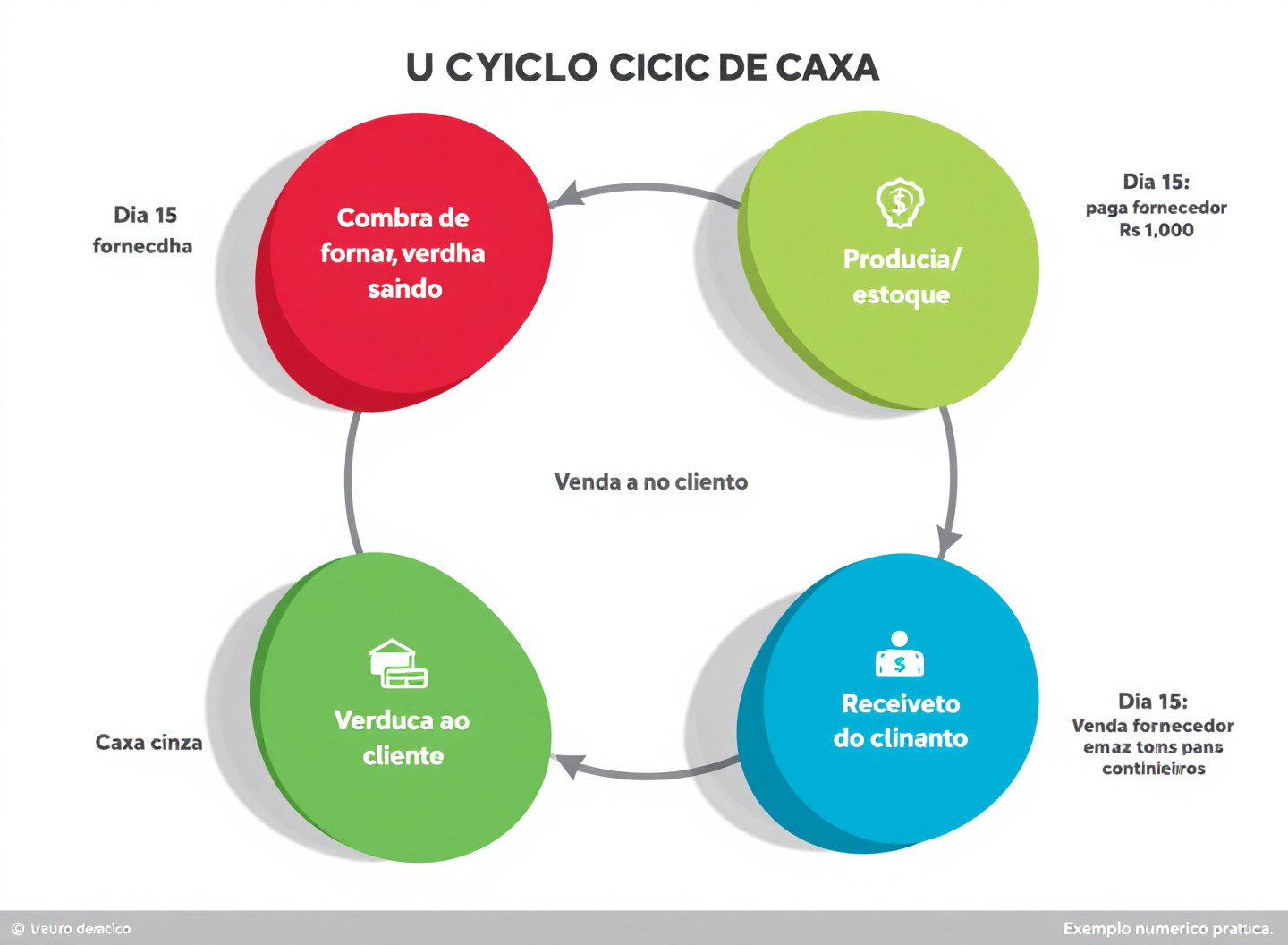 Faturamento não é lucro: como aumentar o capital de giro sem pedir empréstimo ao banco 3 Diagrama do ciclo de caixa mostrando fluxo de compra, produção, venda e recebimento com necessidade de capital de giro