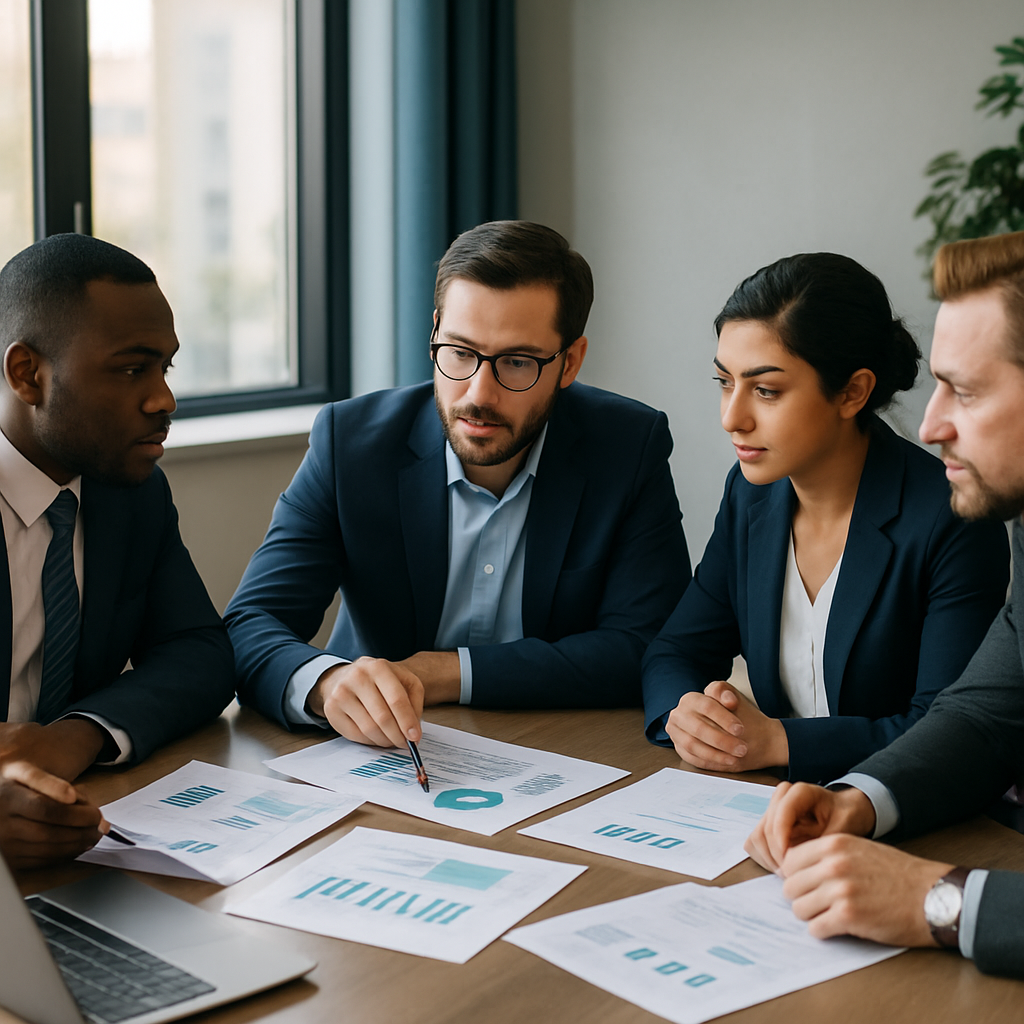 Transforme seu negócio com o regime tributário certo e atualizado 4 Empresários discutindo planejamentos fiscais em sala de reuniões moderna