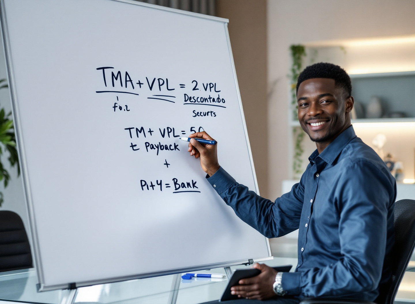 Gestor financeiro explicando cálculo de TMA e viabilidade financeira em quadro de planejamento estratégico