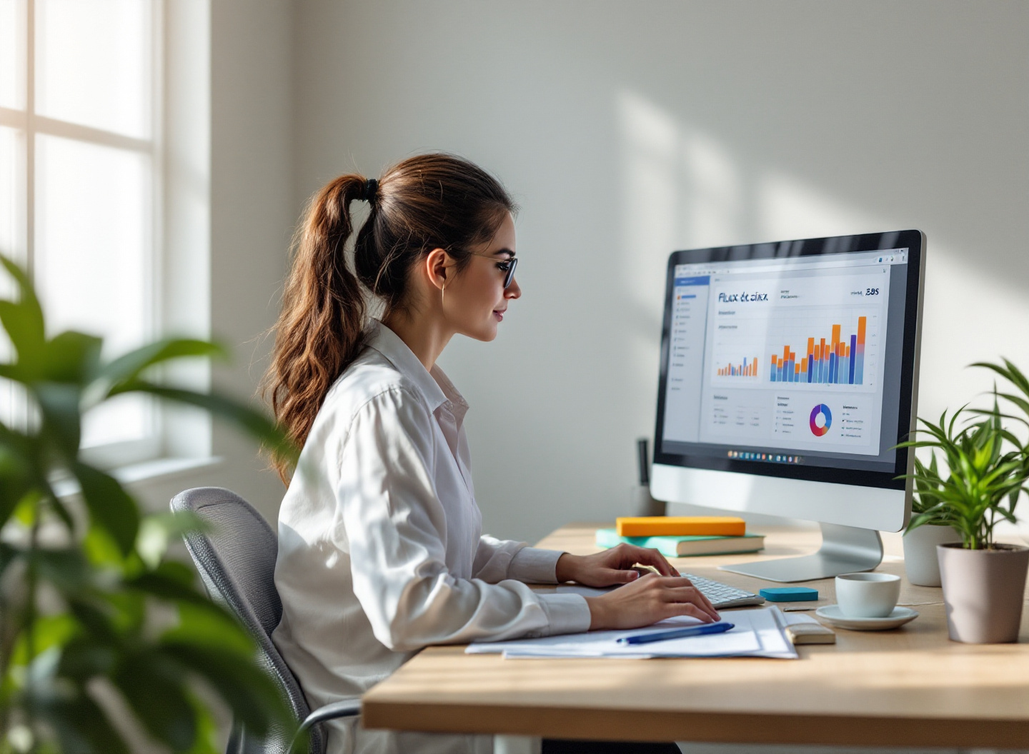 Mulher gestora analisando gráfico de fluxo de caixa no computador em home office