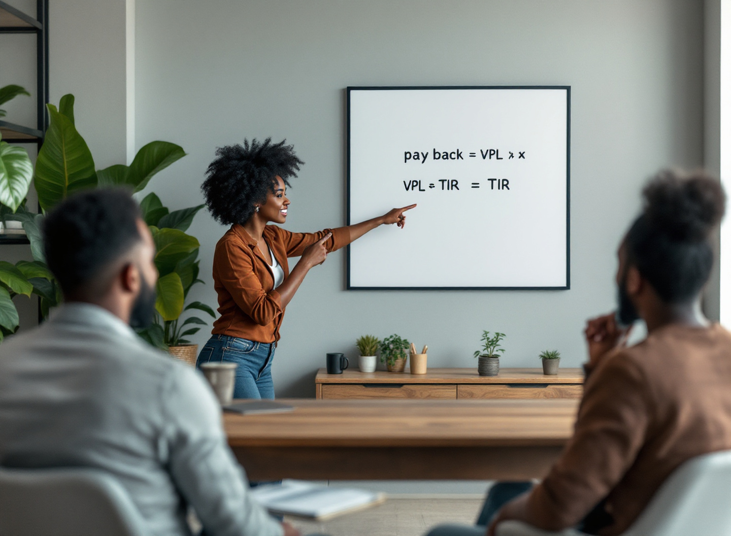 Profissional apresentando fórmulas de payback e métricas de investimento em quadro branco para equipe