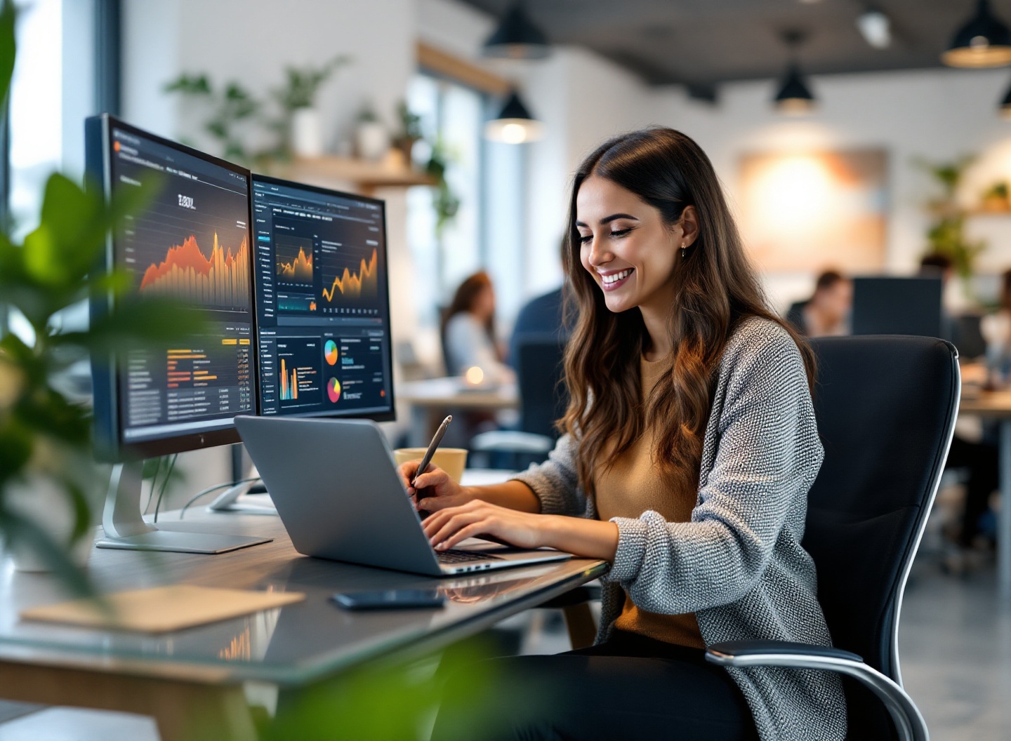 empreendedora analisando gráficos de gestão financeira e modelos de controle em múltiplos monitores
