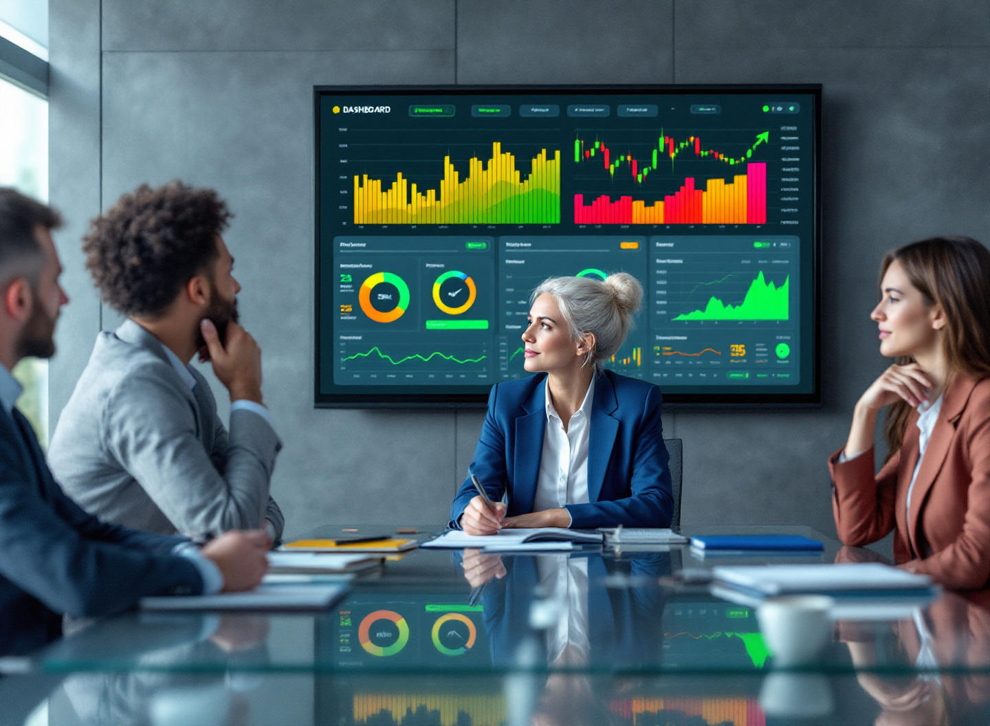 Executiva apresentando dashboard de indicadores financeiros em reunião de análise empresarial