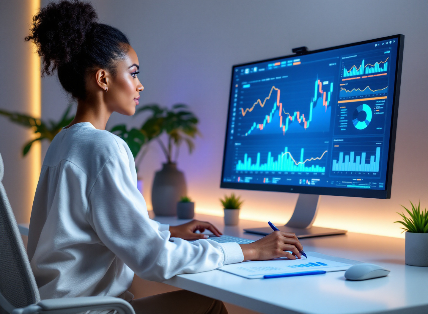Mulher analisando gráficos de DRE e indicadores financeiros em computador de escritório profissional
