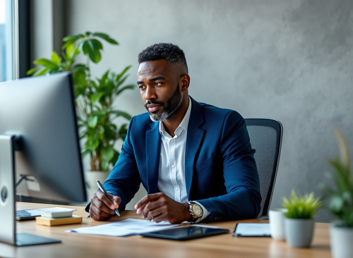 Controle Financeiro Empresarial Sem Custos: O Guia Completo para Pequenas Empresas Organizarem o Caixa 4 Profissional analisando relatórios financeiros em monitores duplos em escritório moderno