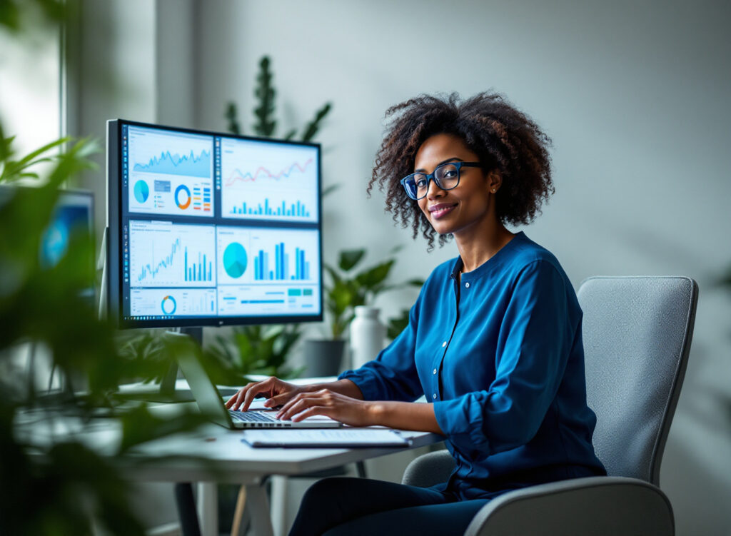 Analista financeira calculando payback em computador de escritório moderno