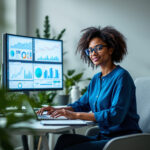 Analista financeira calculando payback em computador de escritório moderno
