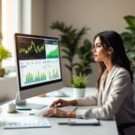 Gestora financeira analisando gráficos e dados em planilha personalizada no computador