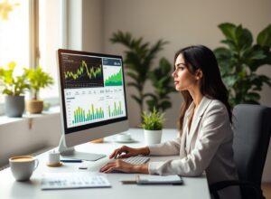 Gestora financeira analisando gráficos e dados em planilha personalizada no computador