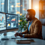 executivo analisando payback descontado e fluxo de caixa em gráficos corporativos
