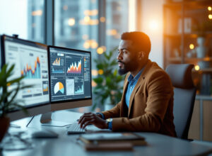 executivo analisando payback descontado e fluxo de caixa em gráficos corporativos