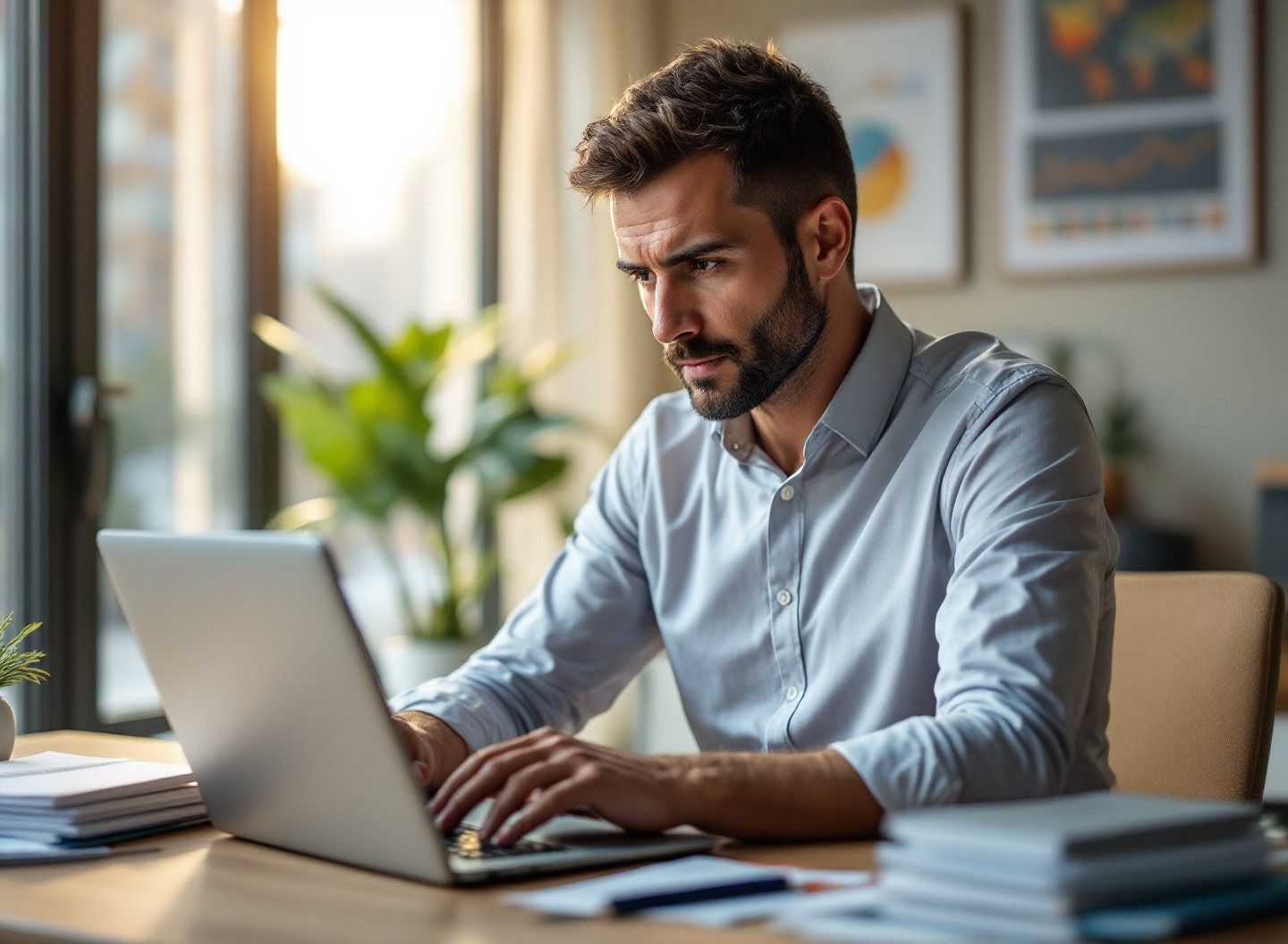 Gestor financeiro analisando indicadores de desempenho em notebook e tablet no escritório