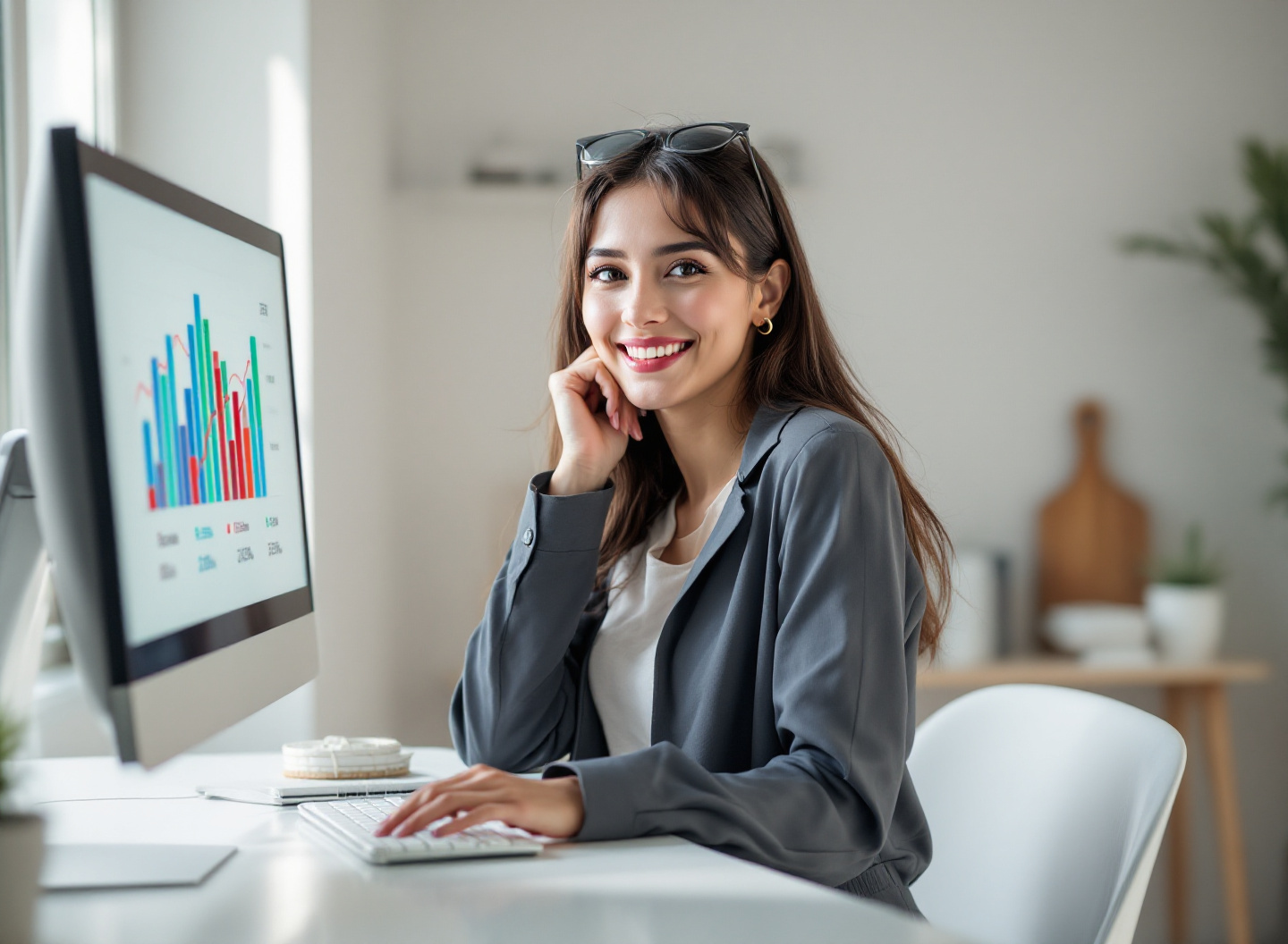 Profissional analisando gráfico de DRE e resultados financeiros em monitor com expressão de satisfação