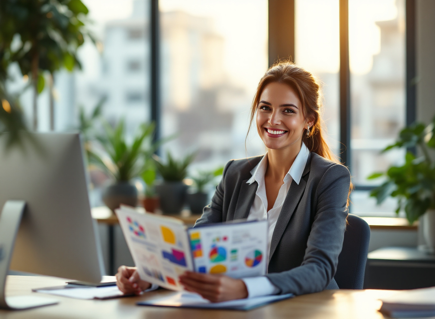 Empresária confiante analisando relatório financeiro positivo, representando sucesso com gestão financeira estruturada