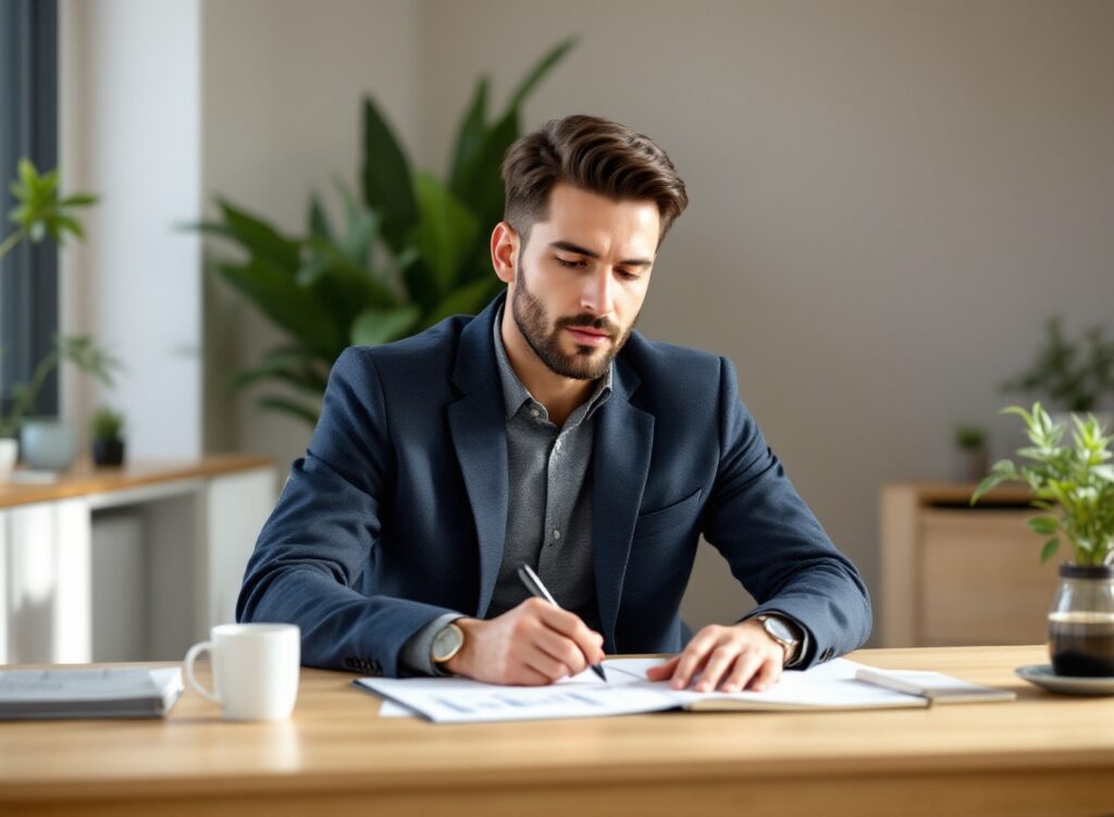 empresário analisando planilha financeira e fluxo de caixa em notebook moderno