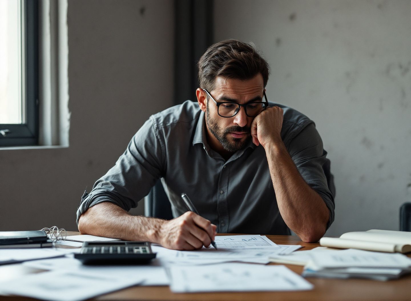 Controle Financeiro Empresarial Sem Custos: O Guia Completo para Pequenas Empresas Organizarem o Caixa 2 Pequeno empresário analisando controle financeiro e documentos fiscais em escritório aconchego com planilha aberta
