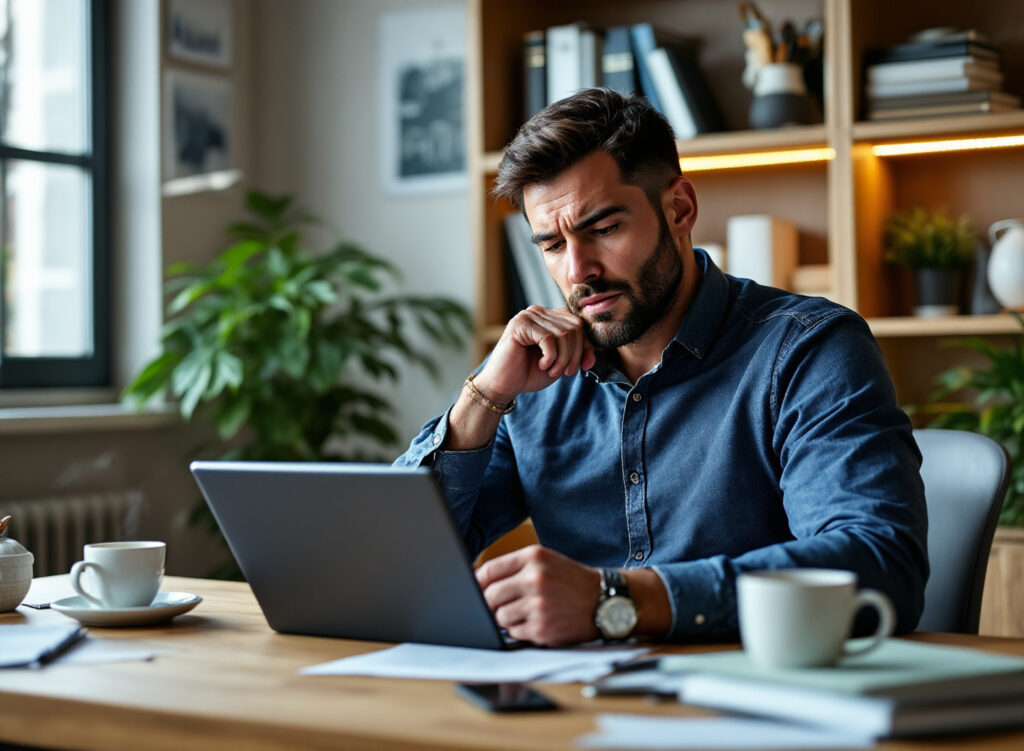 Empresário analisando documentos financeiros e dados em tablet, representando gestão financeira em pequenas empresas