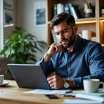 Empresário analisando documentos financeiros e dados em tablet, representando gestão financeira em pequenas empresas