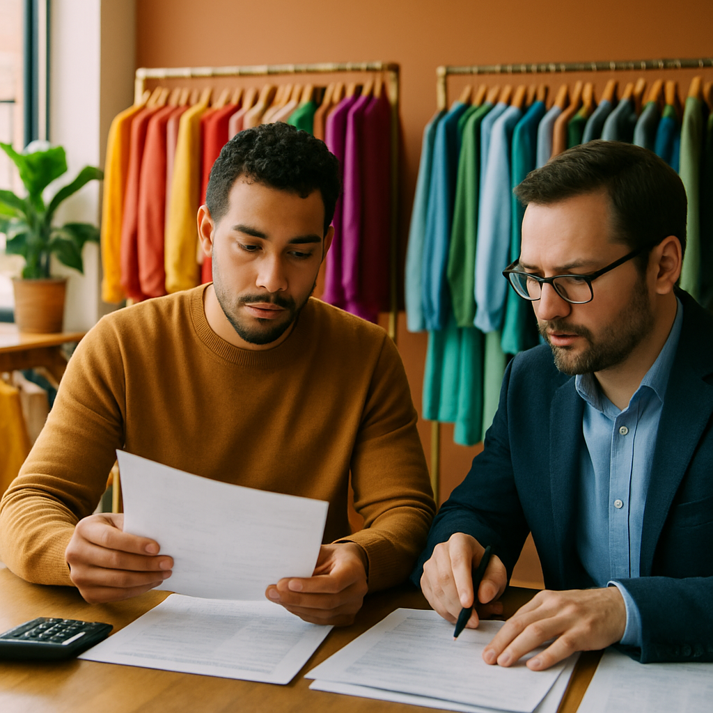 Simplifique Sua Consulta de Regime Tributário com Estas Estratégias 4 Proprietário de loja de roupas revisando documentos fiscais com contador