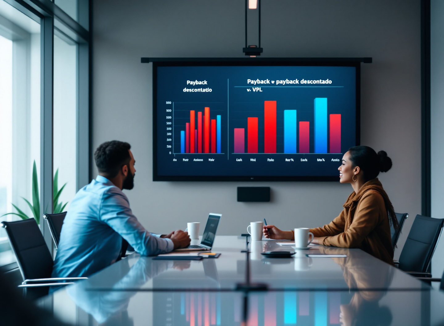 executivos analisando comparação entre payback descontado e valor presente líquido em reunião corporativa