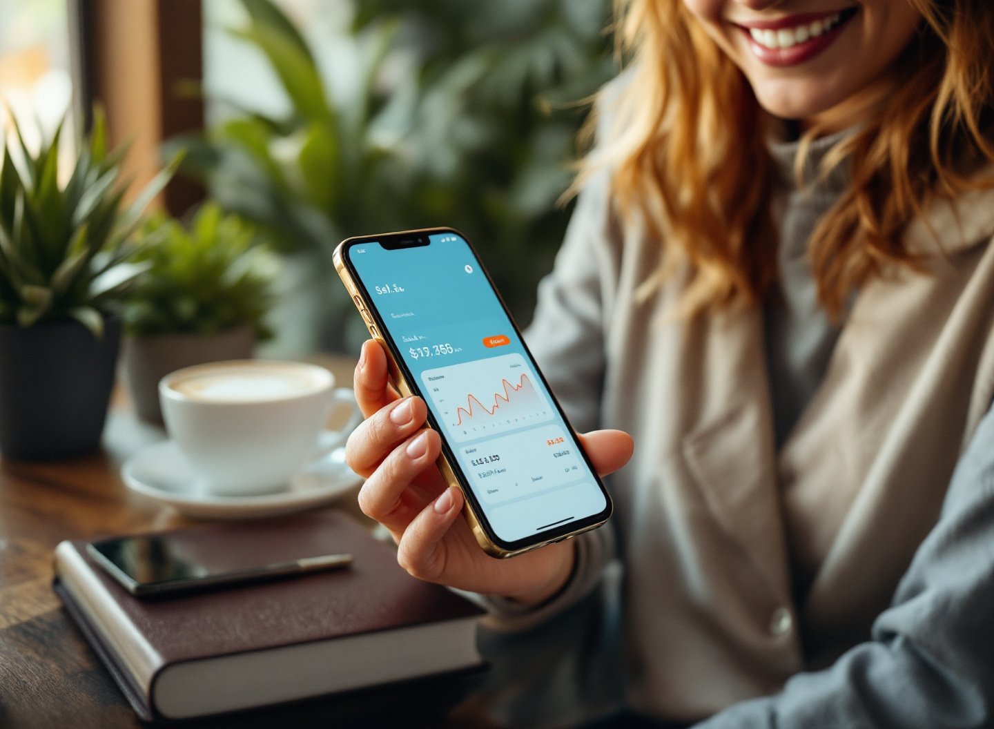 Controle Financeiro Empresarial Sem Custos: O Guia Completo para Pequenas Empresas Organizarem o Caixa 3 Empreendedora checando controle financeiro em app móvel durante pausa em café moderno