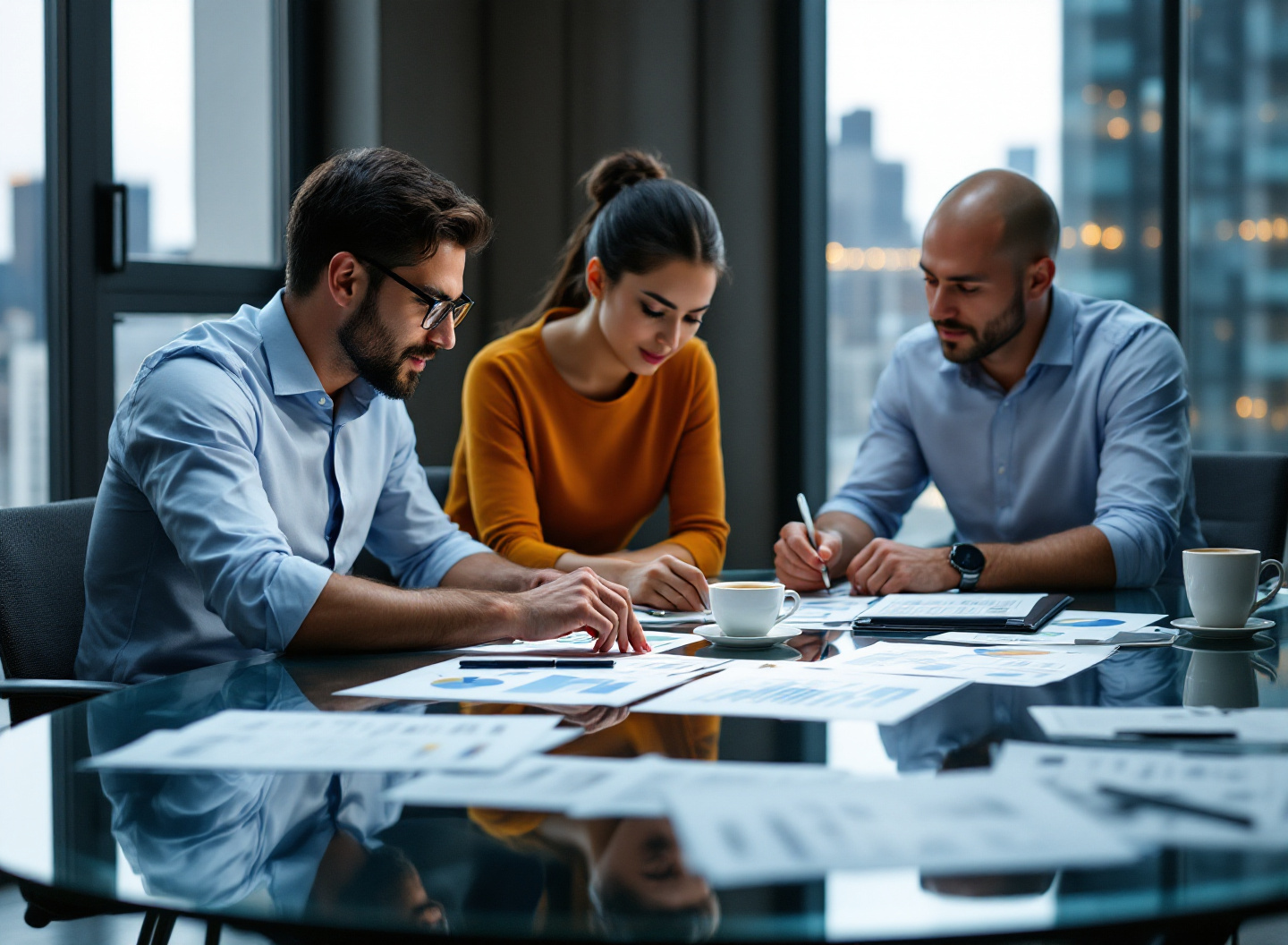 Equipe de profissionais analisando documentos financeiros e indicadores de DRE em reunião corporativa