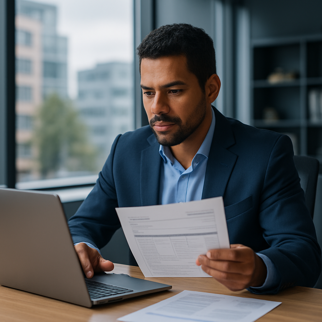 Simplifique Sua Consulta de Regime Tributário com Estas Estratégias 2 Empresário revisando documentos fiscais em escritório moderno