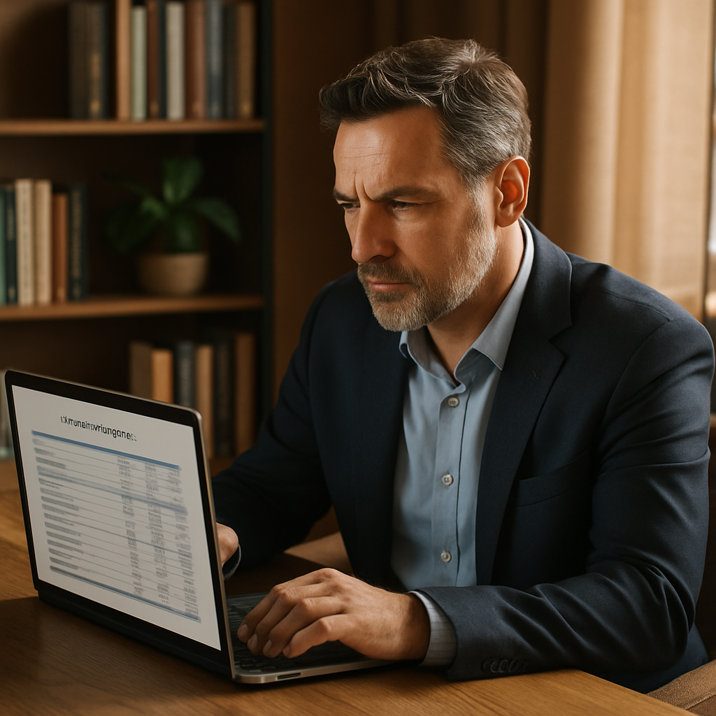 Empresário analisando planilha de DRE em escritório moderno