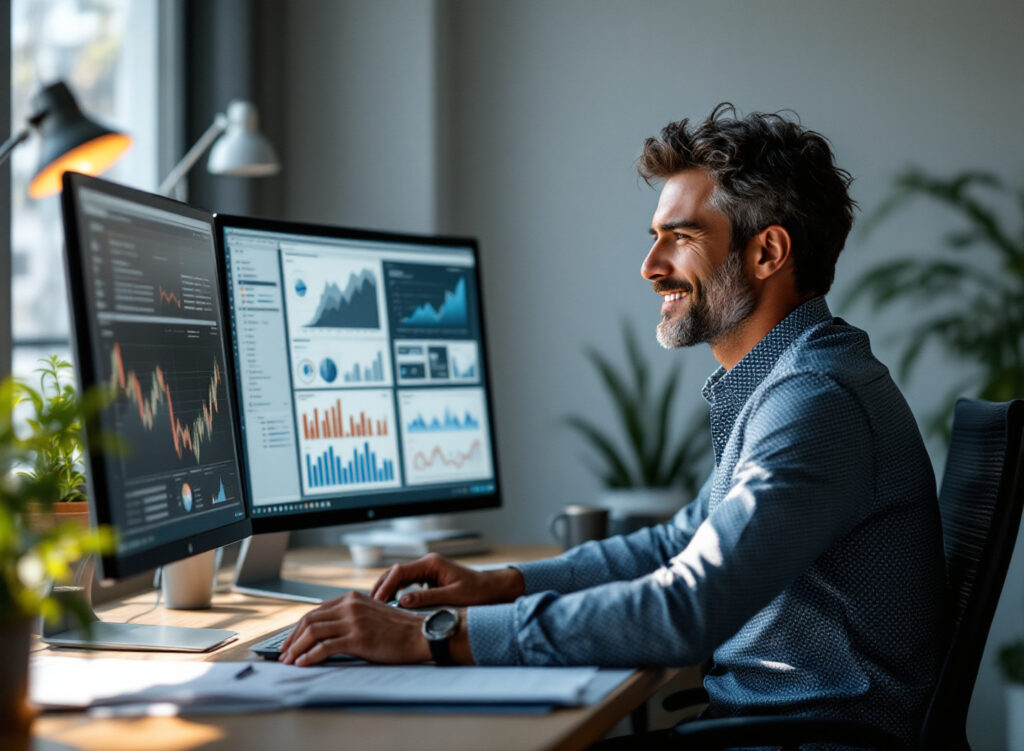 gestor de pequena empresa analisando dados financeiros integrados em tempo real no computador