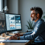 gestor de pequena empresa analisando dados financeiros integrados em tempo real no computador